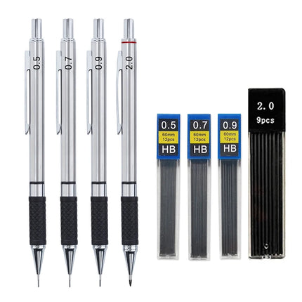 Metal Mechanical Pencil Set with Pencil Grip, Leads Art Drawing Student Office Supplies 0.5/0.7/0.9/2.0mm Automatic Pencil