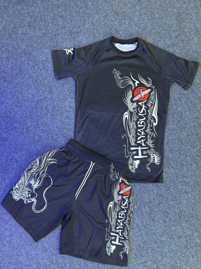 2025 New GORILLA Eagle Sports Set Men's White Graphic Rash Guard T-shirts & Shorts Quick Drying MMA Training Combat Streetwear