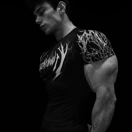 05-Men's Wing & Cross Print Compression Tight Fit Short Sleeve Sports Shirt Workout Tops Gym Compression High Stretch