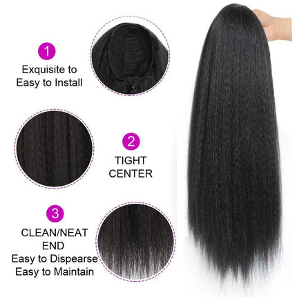 Yaki Drawstring Ponytail Extension with Bangs - Long Yaki Straight Clip in Ponytails Extension for Women Synthetic Hairpiece