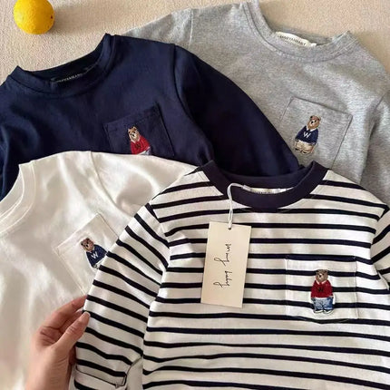 Long Sve Children's T-irt Boys' Inner Wear Striped Top for Big Kids Toddler Boys' Base Layer Bear Design Korean Sle