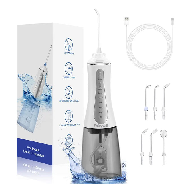 Fairywill Portable Oral Irrigator Water Flosser 5 Modes Dental Water Jet 350ml Water Tank Teeth Cleaner USB Rechargeable Waterproof