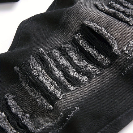 Men’s trendy streetwear: black ripped straight-leg jeans – an excellent gift for husbands or boyfriends.