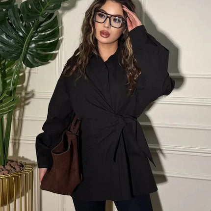 Women's New Shirt Side Waist Tie Slim Fit Casual Long Sleeve Solid Shirt 2026 New Collection Autumn Fashion Loose Ropa Mujer