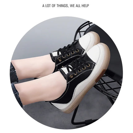 Genuine Leather Women Soft Sole Walking Shoes Girl Student Jogging Sneaker White Black Flats Female Casual Skate Trainers Summer