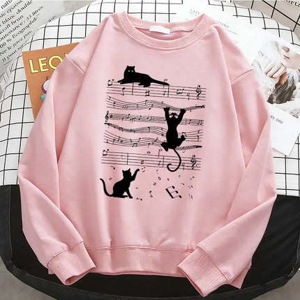 Japanese Style Music Cat Womens Solid Hoodies Basic Warm Fleece Sweatshirt Soft Streetwear O-Neck Pullover Casual Female Clothes