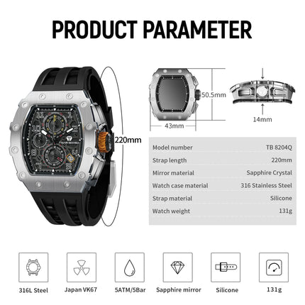 TSAR BOMBA Luxury Tonneau Quartz Watch for Men Japanese Movement, Stainless Steel Case,  Elegant Dress Wristwatch