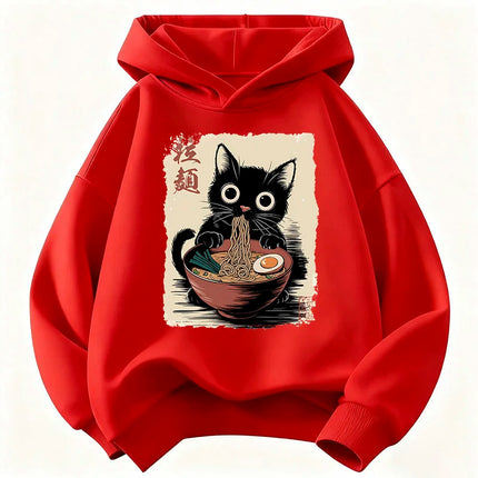 Retro Japanese Ramen Cat Hoodie Manga Kids Cat Children's Sweatshirt Cute Hoody for Boys Girls Autumn Winter Casual Hoodies