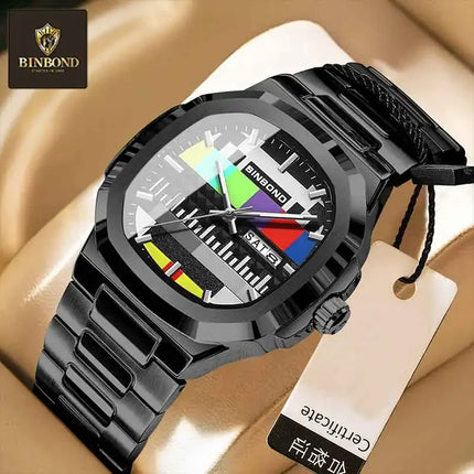 BINBOND Creative TV Dial Men's Watches New Fashion Original Retro Design Luminous Quartz Wristwatch For Men With Calendar Week