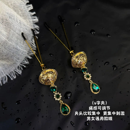Erotic Emerald Nipple Clamps Bell Collar Female Anal Stimulator Gold Leash Chain Sexy Accessory Set BDSM Adult Sex Toys 18+