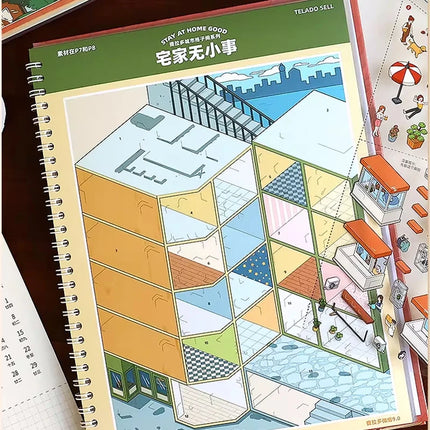 Mr.Paper 1 Book + 1 Tweezer 9.0 Miniature Scene Diorama Sticker Book, Cartoon House DIY Stress Relief Stickers for Journal
