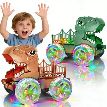 (2pack) LED Light Dinosaur Car Toy, Dino Monster Truck with Colorful Glowing Wheels, Interactive Play Vehicle Gift for Children