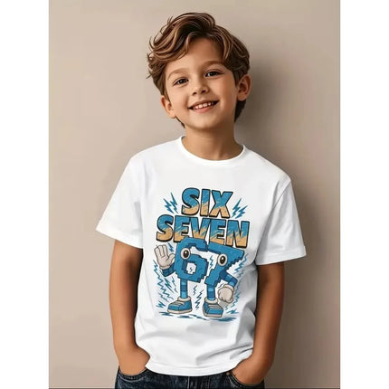 Pure Cotton Children's T-shirt 2026 Summer Number 67 Cartoon Print for Boys and Girls Casual Parent-child Wear Short Sleeved