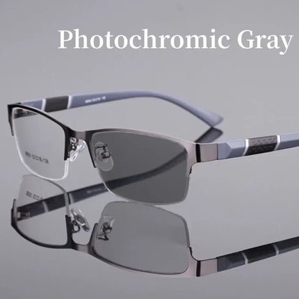 Business Men's Photochromic Myopia Glasses Unisex Half Frame Square Near Sight Eyeglasses Optical Prescription Minus Eyewear