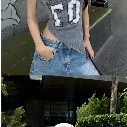 American High Street Hot Girl Slanted Collar Off-Shoulder Irregular Letter Print Camisole Vest Women's Retro Slit Top Y2K 2000s