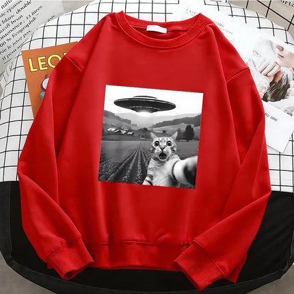 2026 Retro UFO and Cat Pattern Print Hoodies Streetwear Fleece Sweatshirt Soft O-Neck Pullover Casual Female Clothes