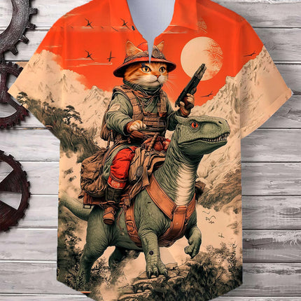 Men's Cat Graphics Shirts Short Sleeved Button Down Lapel Shirt For Summer Oversized Tops Vacation Casual Hawaiian Shirts