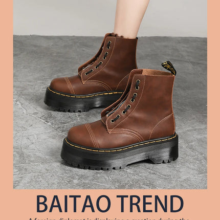 Women Boots Genuine Leather Platform Boots Motorcycle Shoes Front Zipper Optical Soles Fashion Sexy Punk Luxury Men Winter Boots