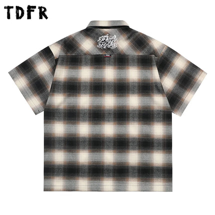 Chicano Style Plaid Short Sleeve Shirts Mens Summer Letter Embroidery Pocket Lapel Half-Sleeve Checked Shirt Men