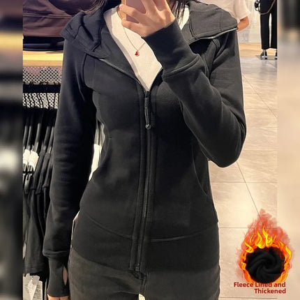 Slim Fit Pure Color Cotton Hoodie Jaet Women's Spring Autumn Zipper Cardigan Waist Cinching Sweatirt Korean Sle Top