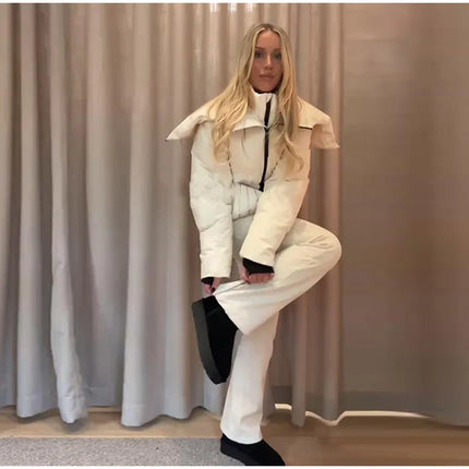 Women Peplum Ski Jackets Hooded Stand Collar Belt Waist Zipper Solid Puffer Jacket Fashion Sheath Warm Sport Winter 2025 Skiwear