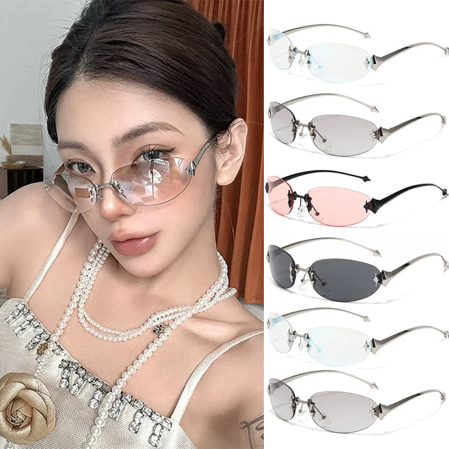 Y2K Fashion Vintage Luxury Brand Designer Rimless Oval Sunglasses Women for Men Sun Glasses Punk Popular Rivet Star Small Shades