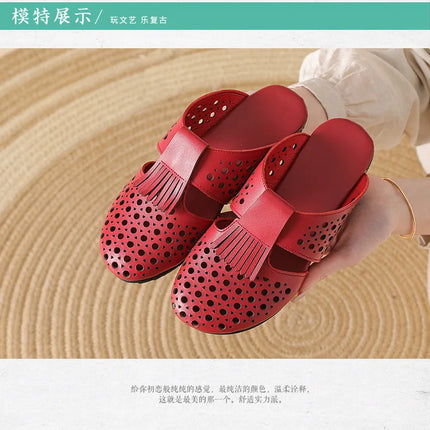 New Women's Breathable Perforated Leather Mules Vintage Tassel Slip on Flats Woman Casual Summer Shoes Hollow Slippers Outdoor