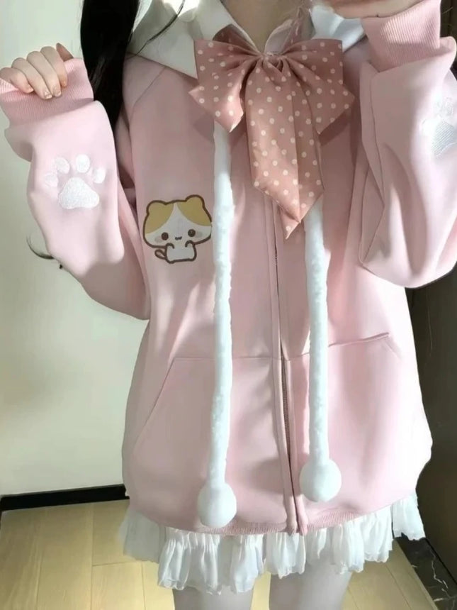 Sweet Kawaii Cartoon Pure Color Loose Zip Up Hoodie Women 2000s Y2k Autumn Winter Japanese Hooded Sweatshirt Lolita Coat Chic
