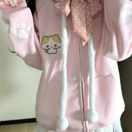 Sweet Kawaii Cartoon Pure Color Loose Zip Up Hoodie Women 2000s Y2k Autumn Winter Japanese Hooded Sweatshirt Lolita Coat Chic