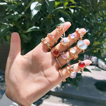 10/17Pieces Fashion Heart & Cat Eye Opal Ring Set For Women Mix Style Open Adjustion Daily Jewelry Party Gifts