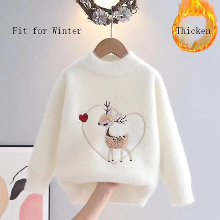 Fashion Embroidered Cute Deer Kids Sweater Girls Knit Pullover Princess Soft Cozy O-Neck Heart-shape Autumn Winter Tops HY12161