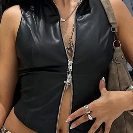 Sexy black zipper leather crop top women clothing summer body PU tank tops woman vintage gothic clothes streetwear top outfit