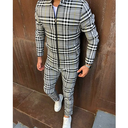 2025 Men Tracksuit 2pc Set Gym Hiking Plaid Zipper Hoodie Cargo Pants Autumn Athleisure Outfit Fleece Jogger Sportswear