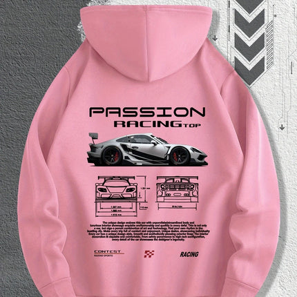 Men'S Passionate Racing Graphic Hoodie Featuring Race Cars and Sports Car Illustrations, Perfect for Everyday Wear