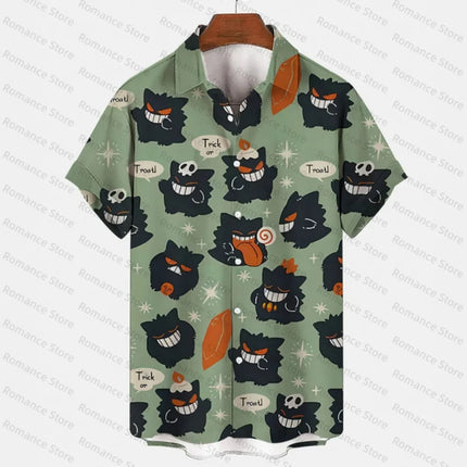 Anime Gengar Pattern Pokemon Button Up Hawaiian Shirt Summer Sports Dry Quickly Men's T-Shirt Kids Clothing Tee Y2k Woman Shirt