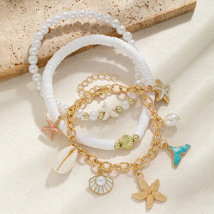 3 pieces of beach style alloy starfish shell tassel multi-layer layered soft ceramic imitation pearl women's ankle chain