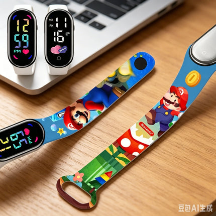Kids Digital Watch Cartoon Silicone Strap Wristwatch for Boys Girls Children Mario Waterproof LED Sport Watch Gift