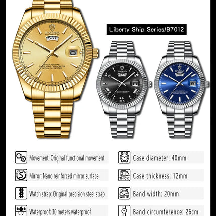 BINBOND B7012 Mens Fashion Business Sports Quartz Watch 30M Waterproof Luminous Classic Calendar Creative Clock Mens Wristwatch