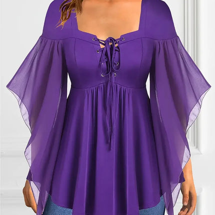 Plus Size Elegant Chiffon Blouse for Women Halloween Chic Lace-Up V-Neck Blouse Solid Color Flutter Sleeves Blouse Tops