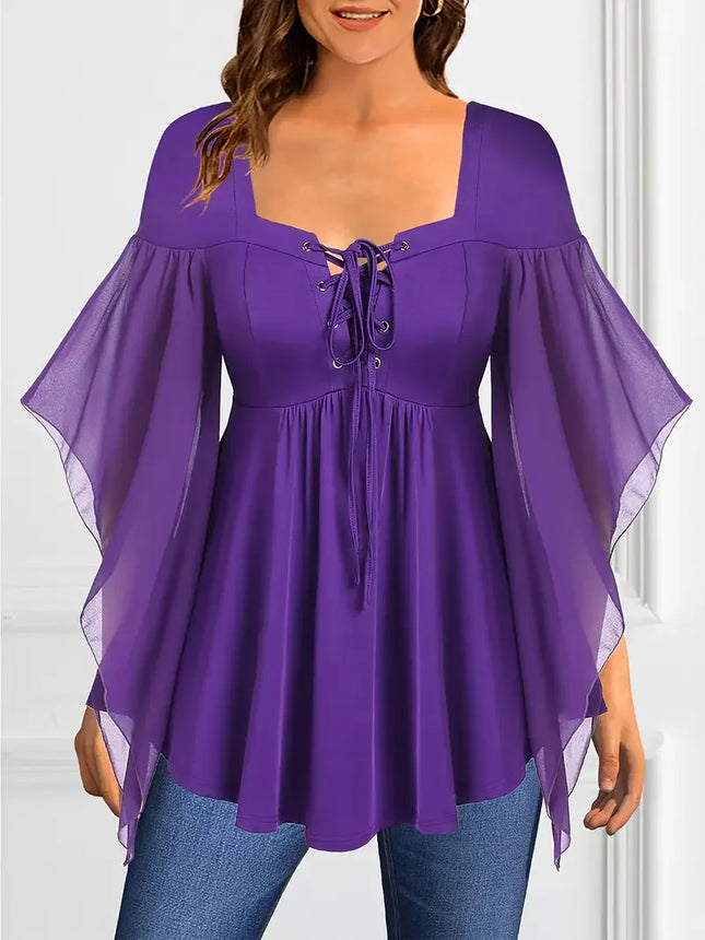 Plus Size Elegant Chiffon Blouse for Women Halloween Chic Lace-Up V-Neck Blouse Solid Color Flutter Sleeves Blouse Tops