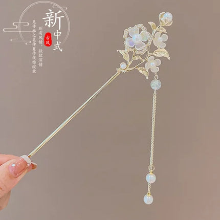 Neo Chinese Hairpin For Women Trendy Metal Flower Tassel Hair Stick Girls Daily Travel Shopping Jewelry Hair Accessories 1pc