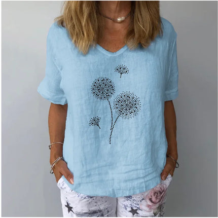Women Solid Colour Cotton Linen Blouse Top Summer Casual Harajuku Fashion T-shirt Print Loose Blouse Women Tops Streetwear
