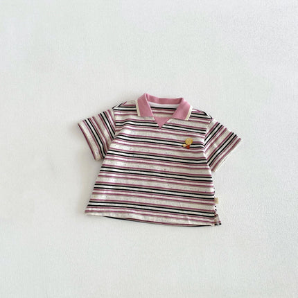 2026 Summer 6M-5Y Childrens Clothes Stripe Contracting Color Korean Style Girls Shirt Cartoon Embroidery Polo Shirt for Girls