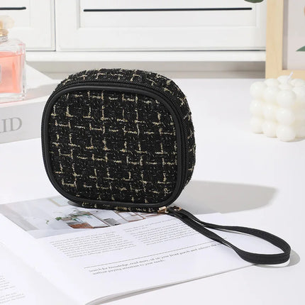 Women Makeup Pouch TikTok Viral Organizer Bag, Tweed Fabric Cosmetic Case with Long Handle for Travel Toiletries Sanitary Pads