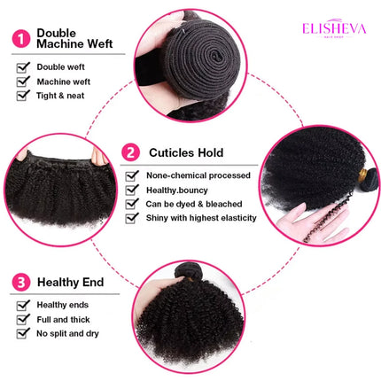 ELISHEVA Raw Indian  Human Hair Weave Bundles 1/3/4 Bundle Deal Afro Kinky Curly Bundles Natural /Jet Black Remy Wavy Extensions