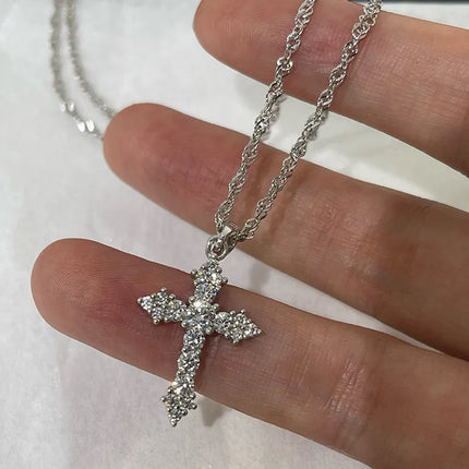 Silver Color Zircon Cross Pendant Necklace for Women Shiny Rhinestone Collar Necklaces 2025 Trend Christmas Jewelry