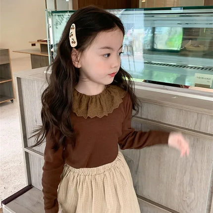 1-12 Years Long-Sleeved Shirts Children's Spring Knitted Tops Baby's Lace 2025 Lace Base Shirt Korean Girls Ruffle Collar T-shirt