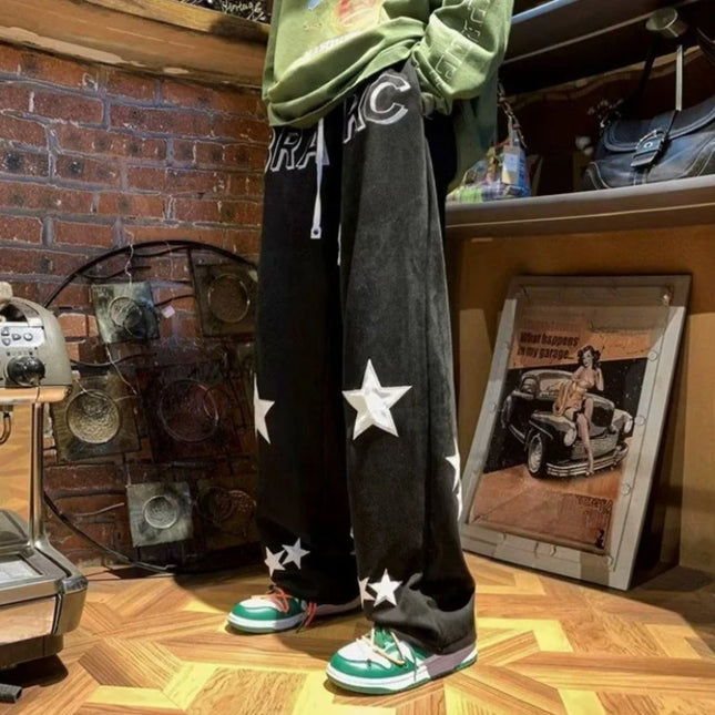 High Street Fashion Men’s Star Pattern Joggers Straight Leg Casual Pants Vintage Inspired Draped Sweatpants All Season