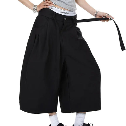 Mauroicardi Spring Summer Loose Soft Baggy Black Scimitar Wide Leg Shorts for Men High Waist Sashes Knee Length Pants Clothes