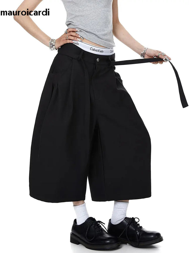 Mauroicardi Spring Summer Loose Soft Baggy Black Scimitar Wide Leg Shorts for Men High Waist Sashes Knee Length Pants Clothes